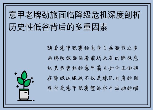 意甲老牌劲旅面临降级危机深度剖析历史性低谷背后的多重因素